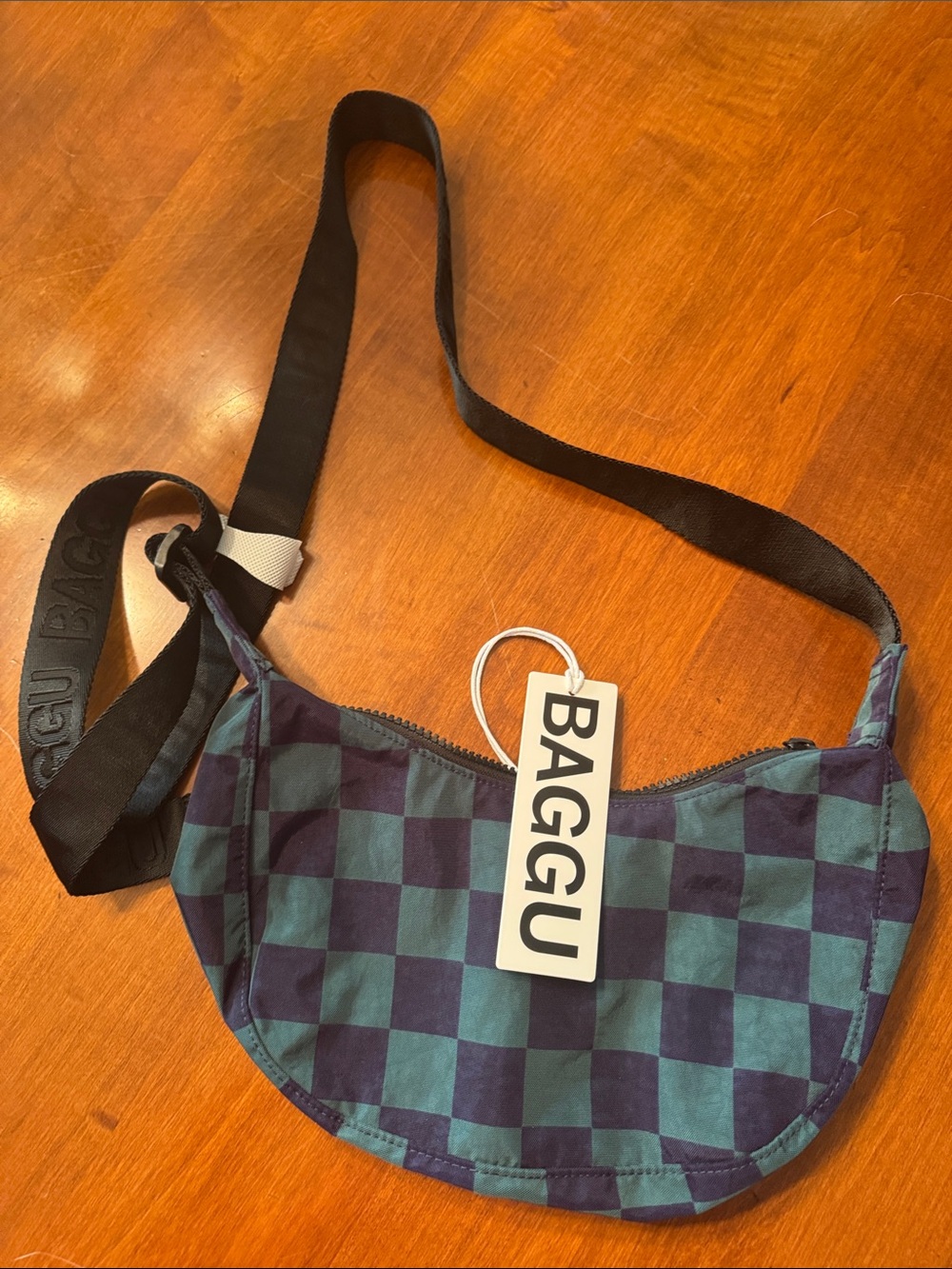 BAGGU Teal and Navy Checkerboard Crescent Crossbody Bag